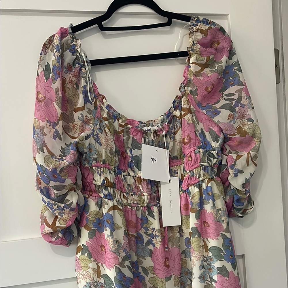 Lush Floral Puff Sleeve Cinched Waist Dress Size L